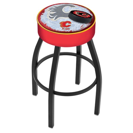 Holland Bar Stool Co 30" 4" Calgary Flames Cushion Seat, Blk Wrinkle Base Swivel Bar Stool L8B130CalFla-D2